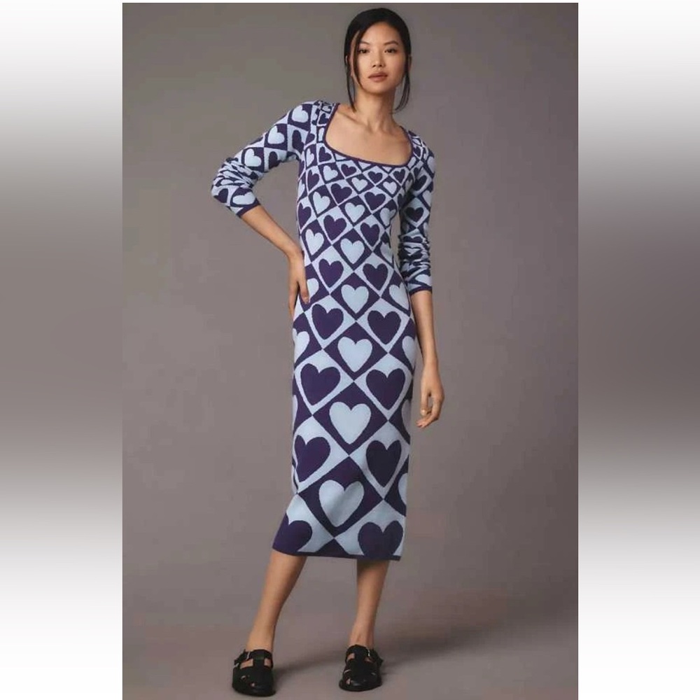 Farm Rio x Anthropologie Geo Heart Long-Sleeve Midi Sweater Dress Size S